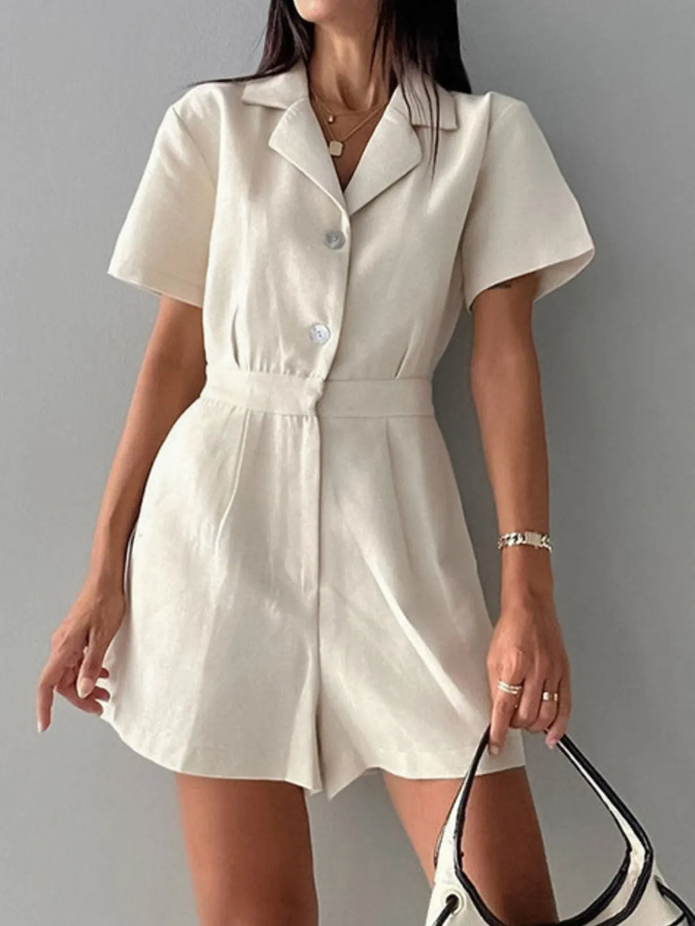 Beige Button Front Short Sleeve Romper