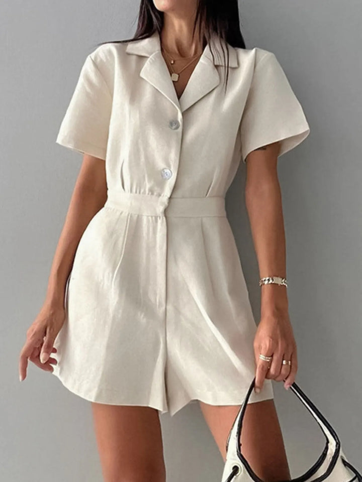 Beige Button Front Short Sleeve Romper