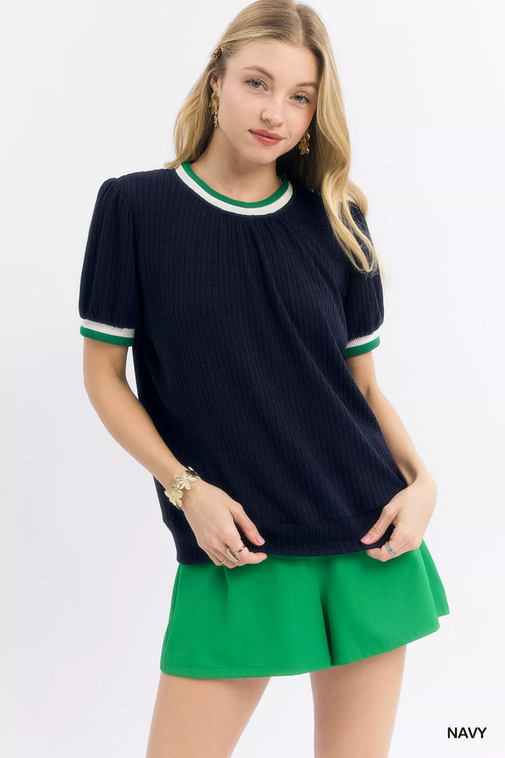Navy Umgee Puff Sleeve Knit Top With Contrast Rib Trim 1