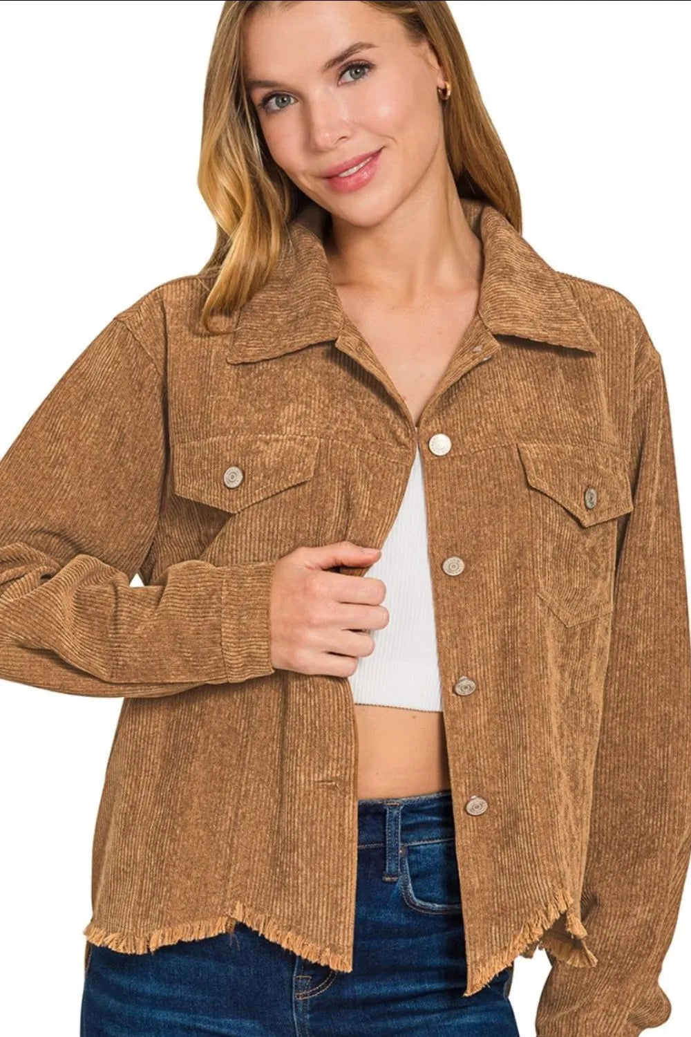 Deep Camel Zenana Distressed Corduroy Frayed Hem Cropped Jacket