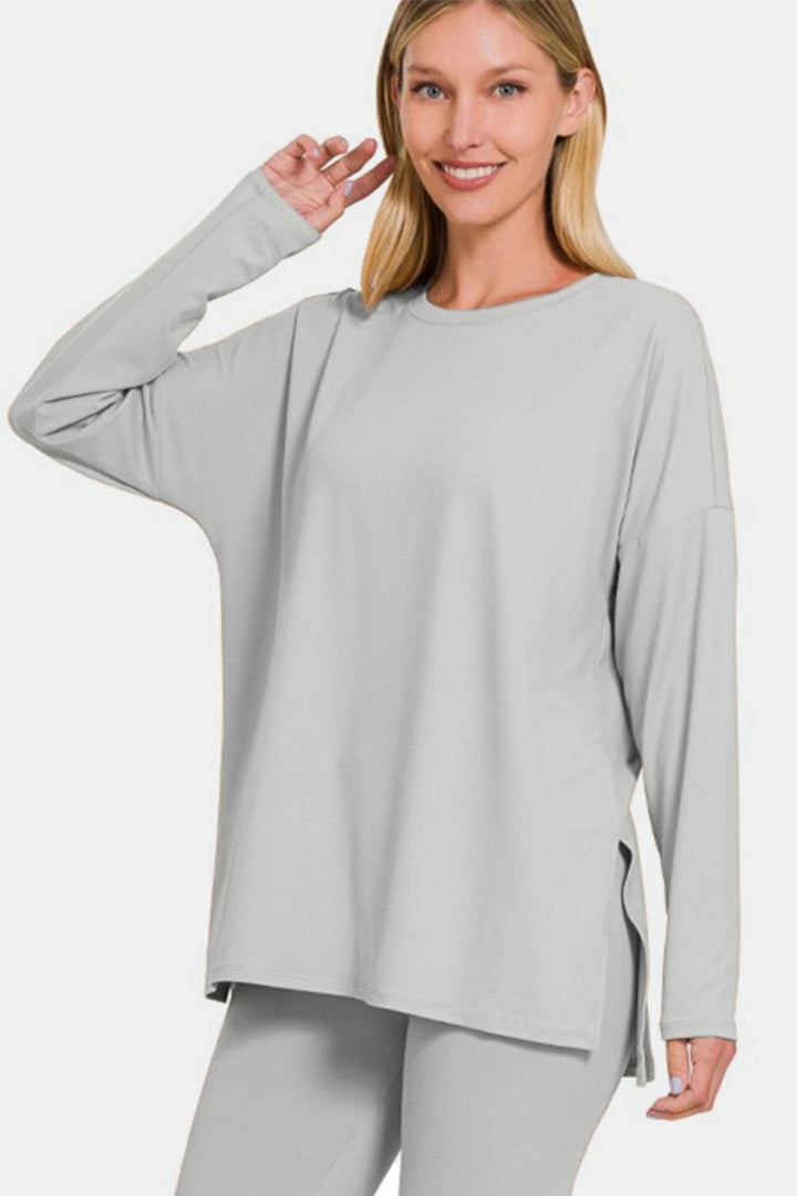 Lt Grey Zenana Full Size Brushed Microfiber Top And Leggings Lounge Set 1