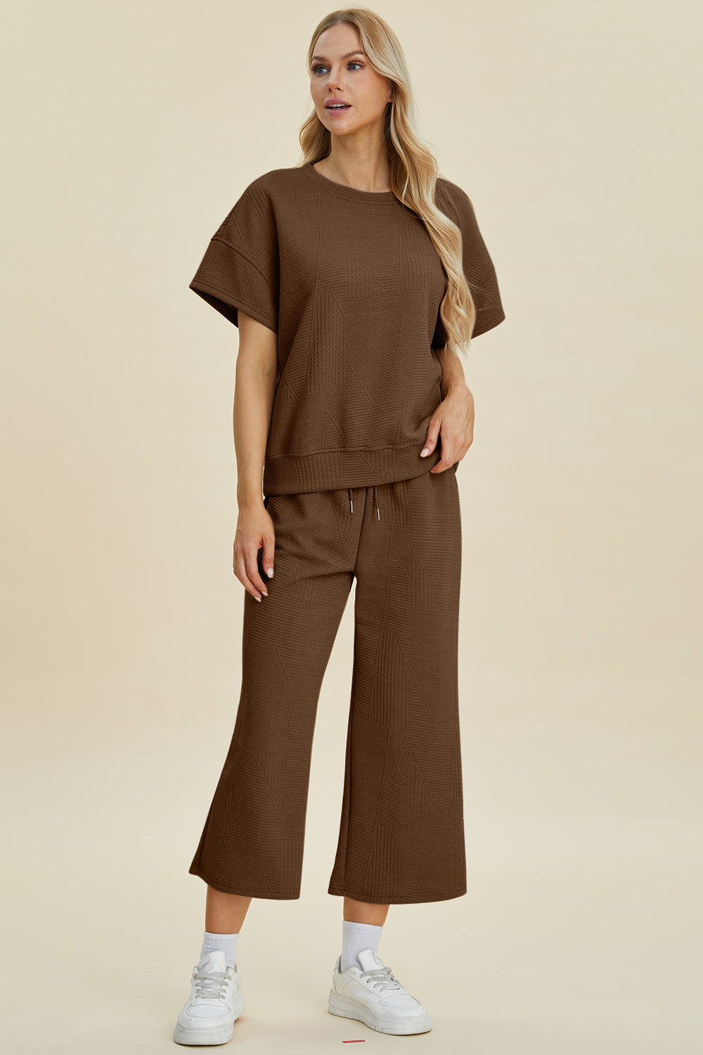 Brown Double Take Full Size Texture Round Neck Top And Pants Set