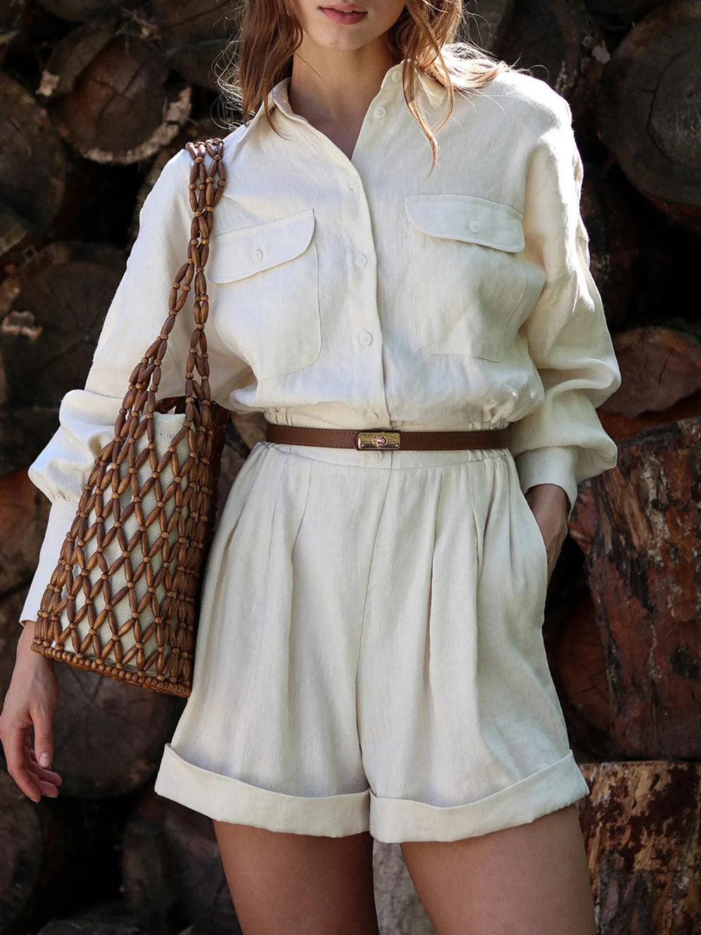 Beige Casual Button Front Long Sleeve Romper