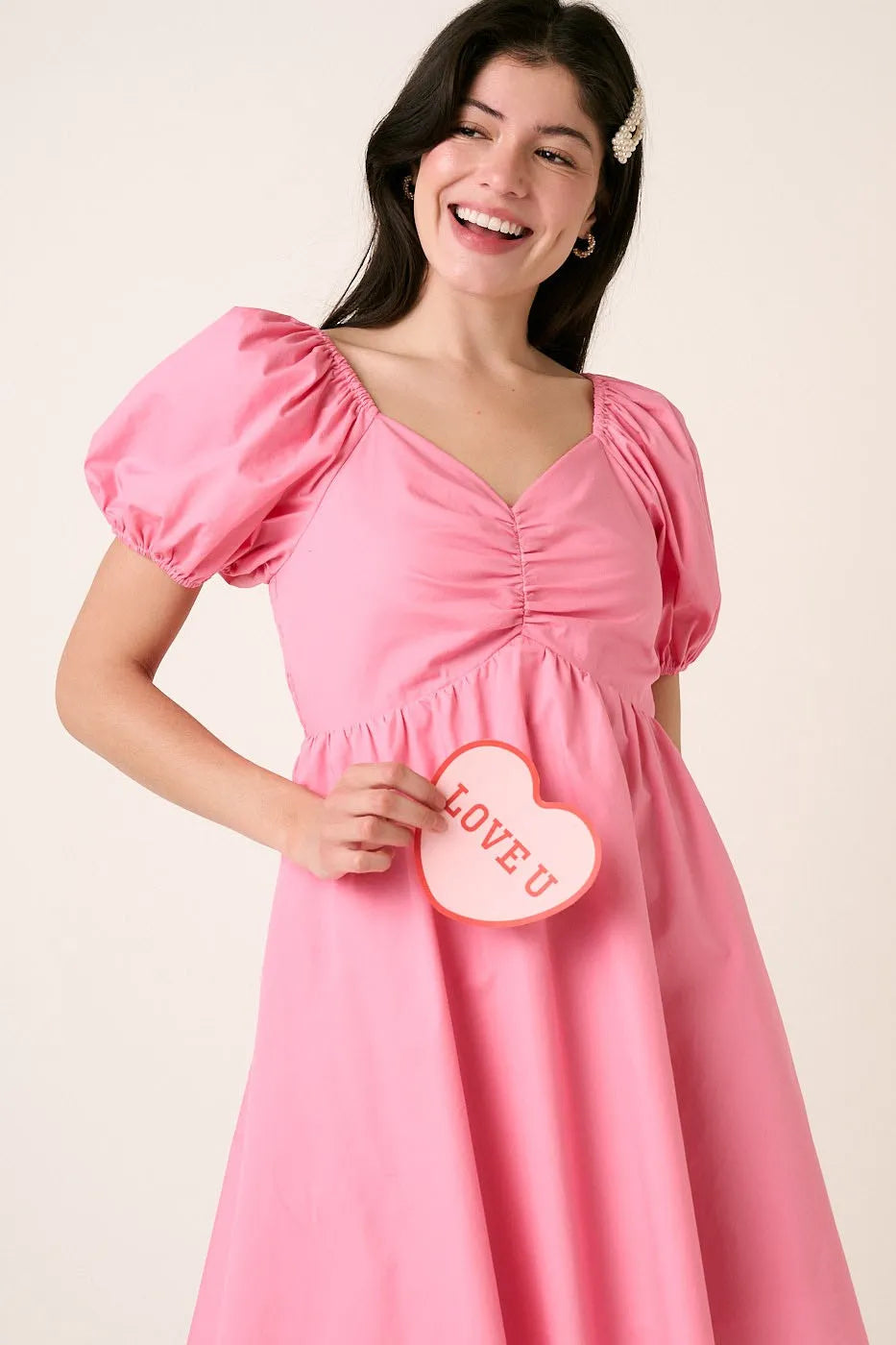 Pink Mittoshop Sweetheart Puff Sleeve Smocked Mini Dress
