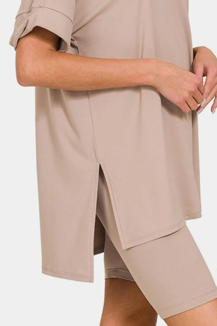 Ash Mocha Zenana Full Size V Neck Short Sleeve Slit T Shirt And Shorts Set 2