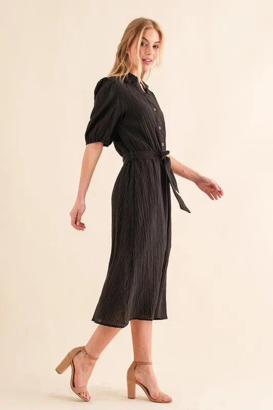 Black And The Why Waffle Textured Ribbon Waist Midi Dress