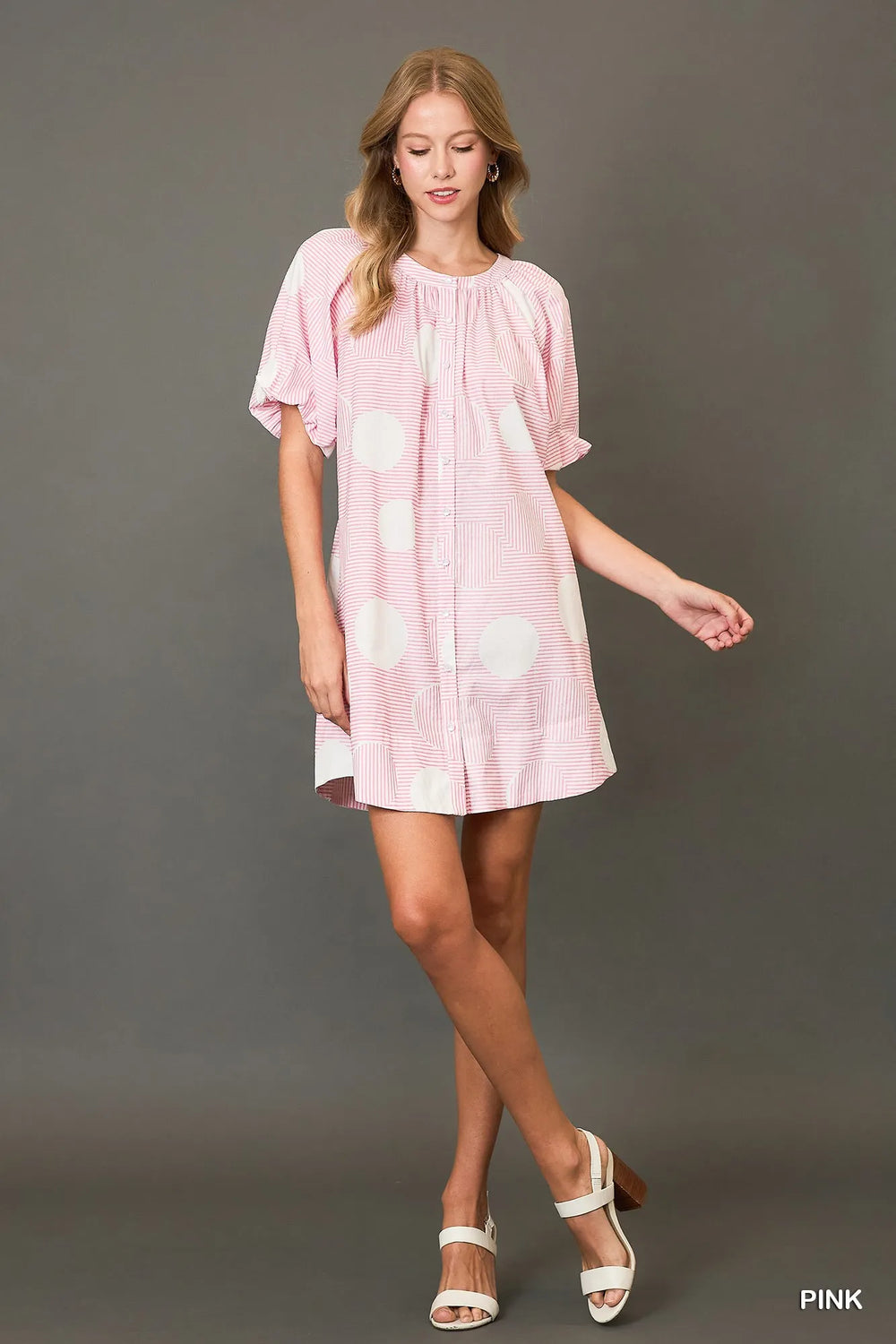 Pink Umgee Stripe And Dot Print Button Down Puff Sleeve Mini Dress