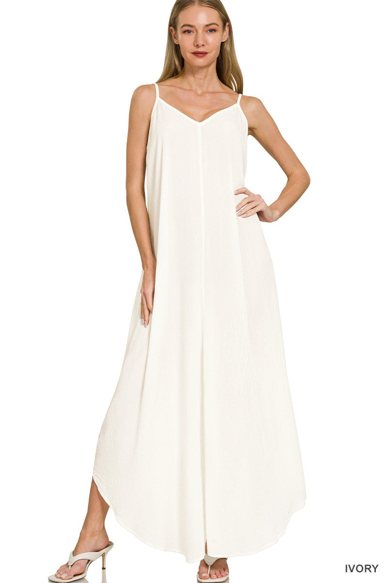 Ivory Zenana Woven Crinkle Cami Maxi Dress With Side Pockets 2