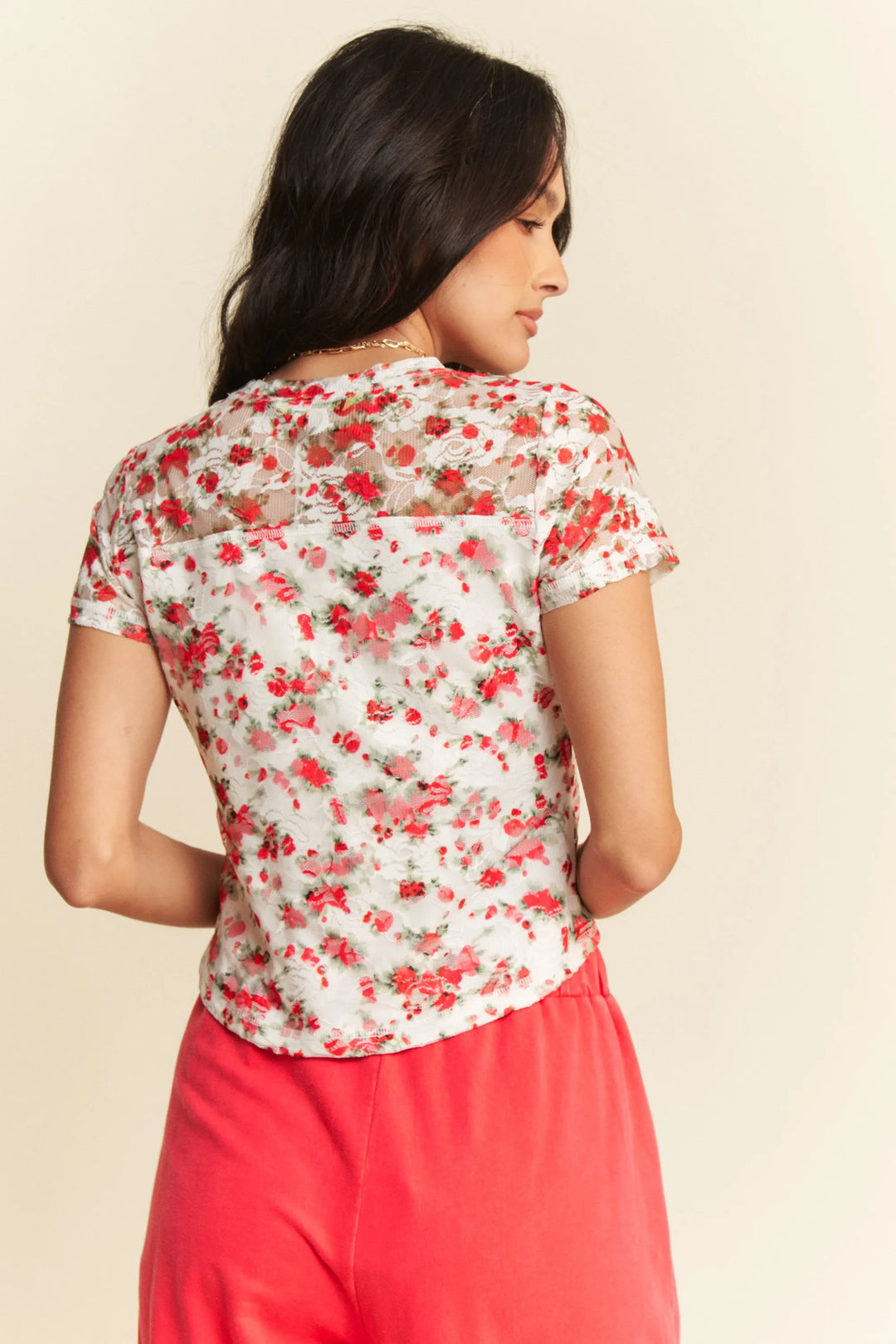 Davi Dani Ribbon Short Sleeve Layered Mesh Top