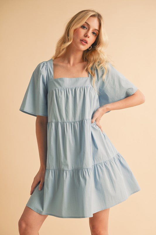 Light Blue Aemi Co Square Neck Half Sleeve Tiered Dress 1