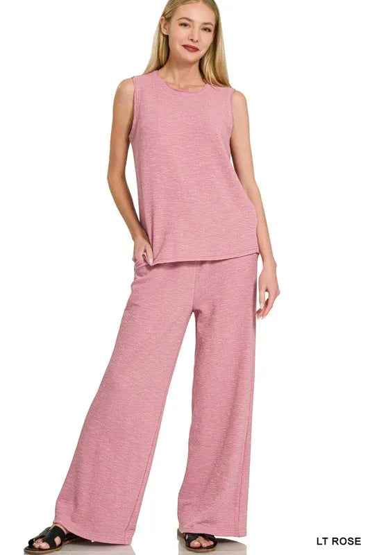 Lt Rose Zenana Cotton Slub Tank And Pants Set