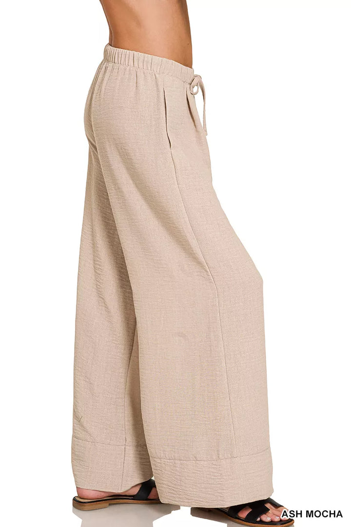 Ash Mocha Zenana Woven Airflow Drawstring Pants