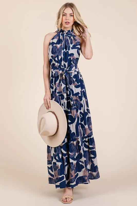 Lime N Chili Abstract Halter Neck Tie Waist Tiered Maxi Dress