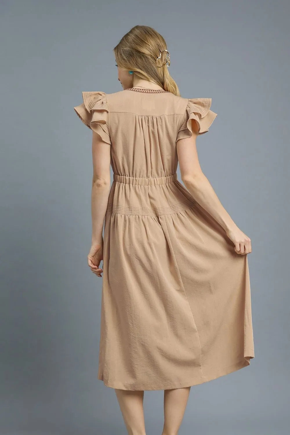 Tan Umgee Ruffled Cap Sleeve Midi Dress With Contrast Trim Detail
