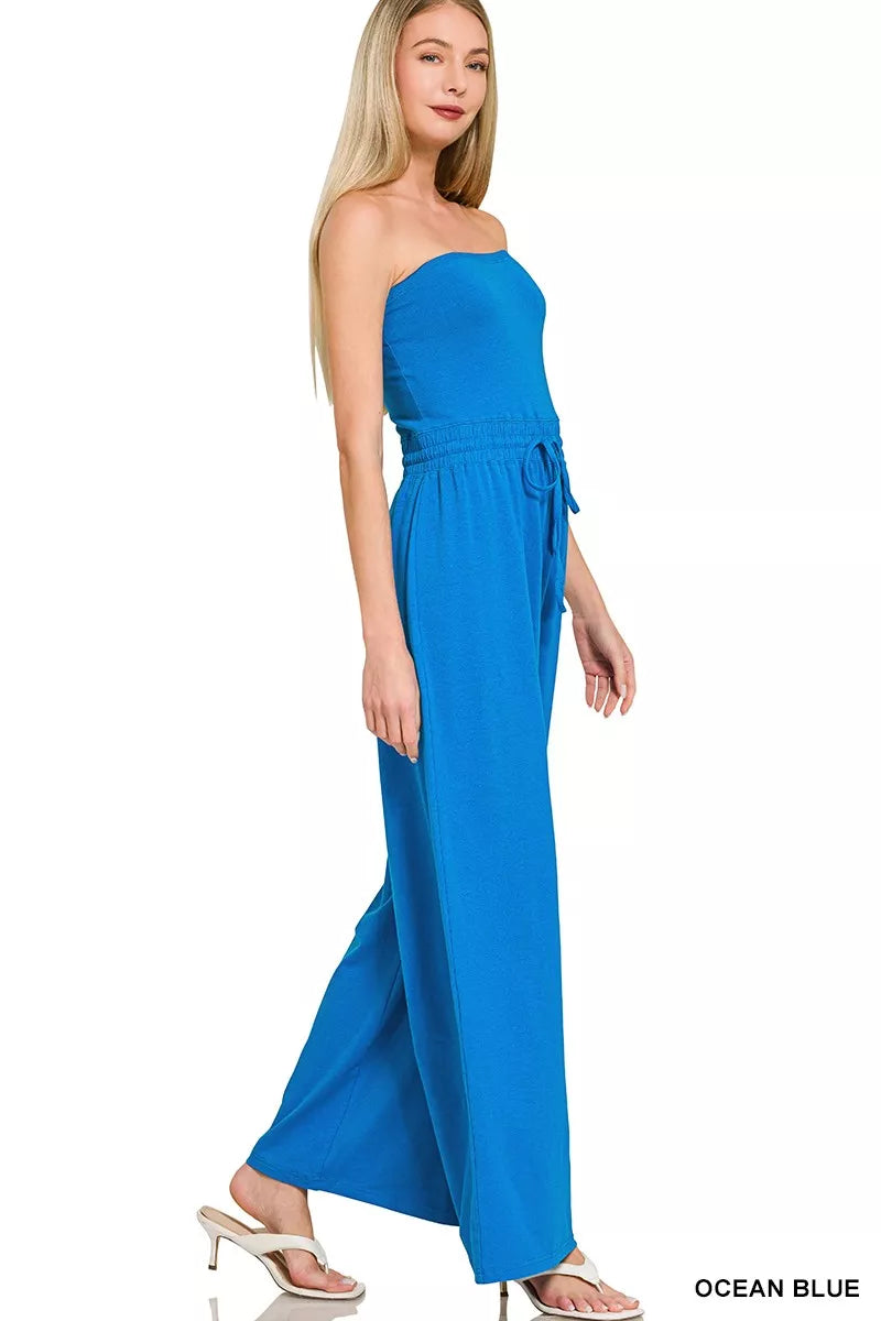 Ocean Blue Zenana Tube Top Jumpsuit With Drawstring Waist 5