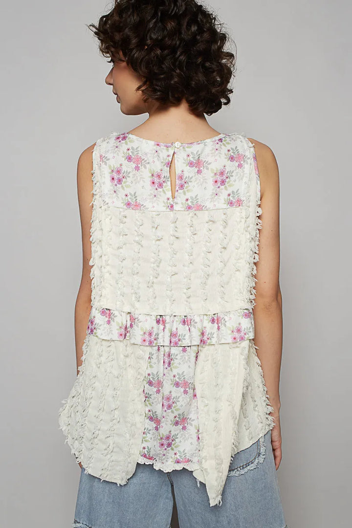 Ivory Pol Floral Textured Round Neck Sleeveless Top