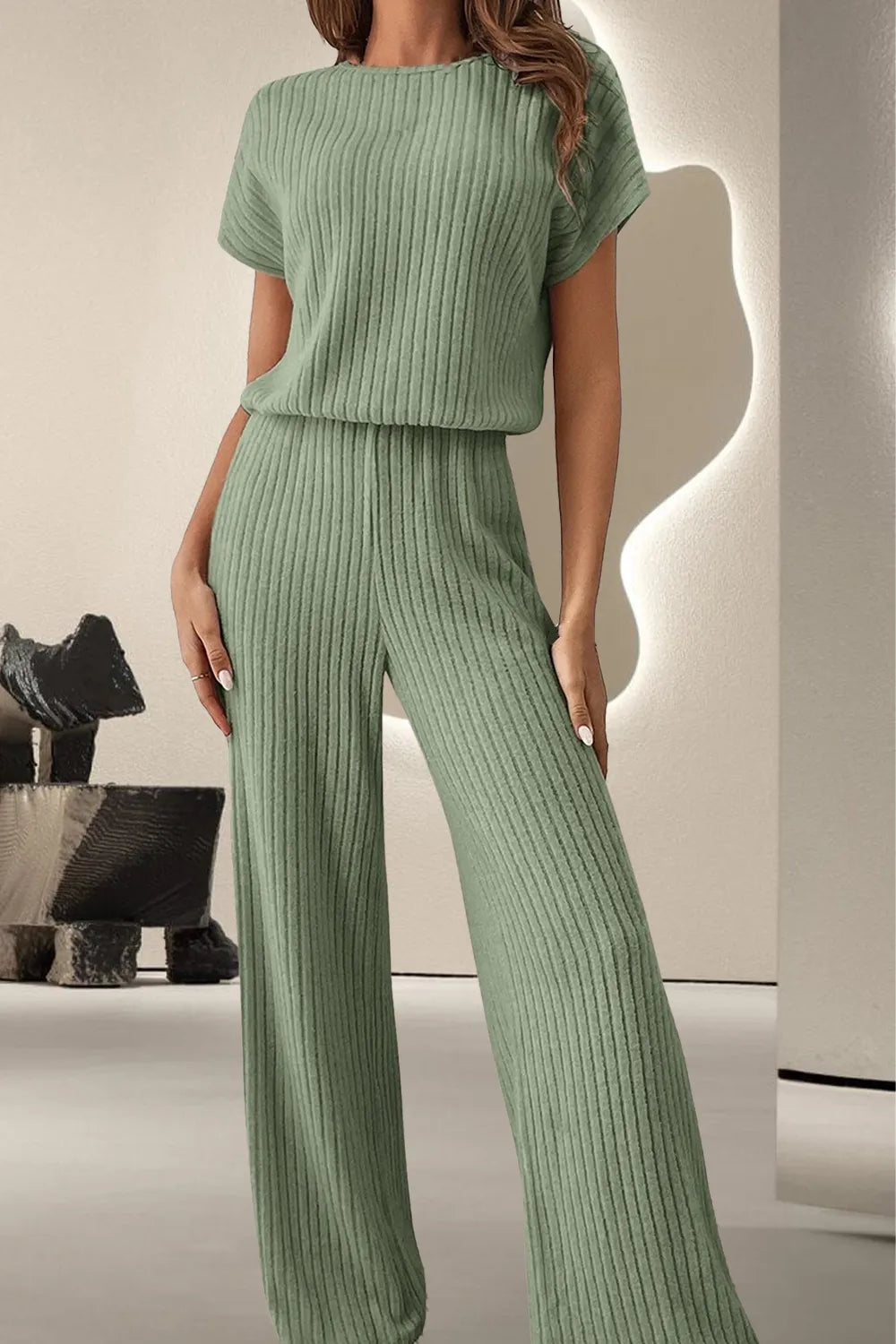 Sage Round Neck Short Sleeve Jumpsuit