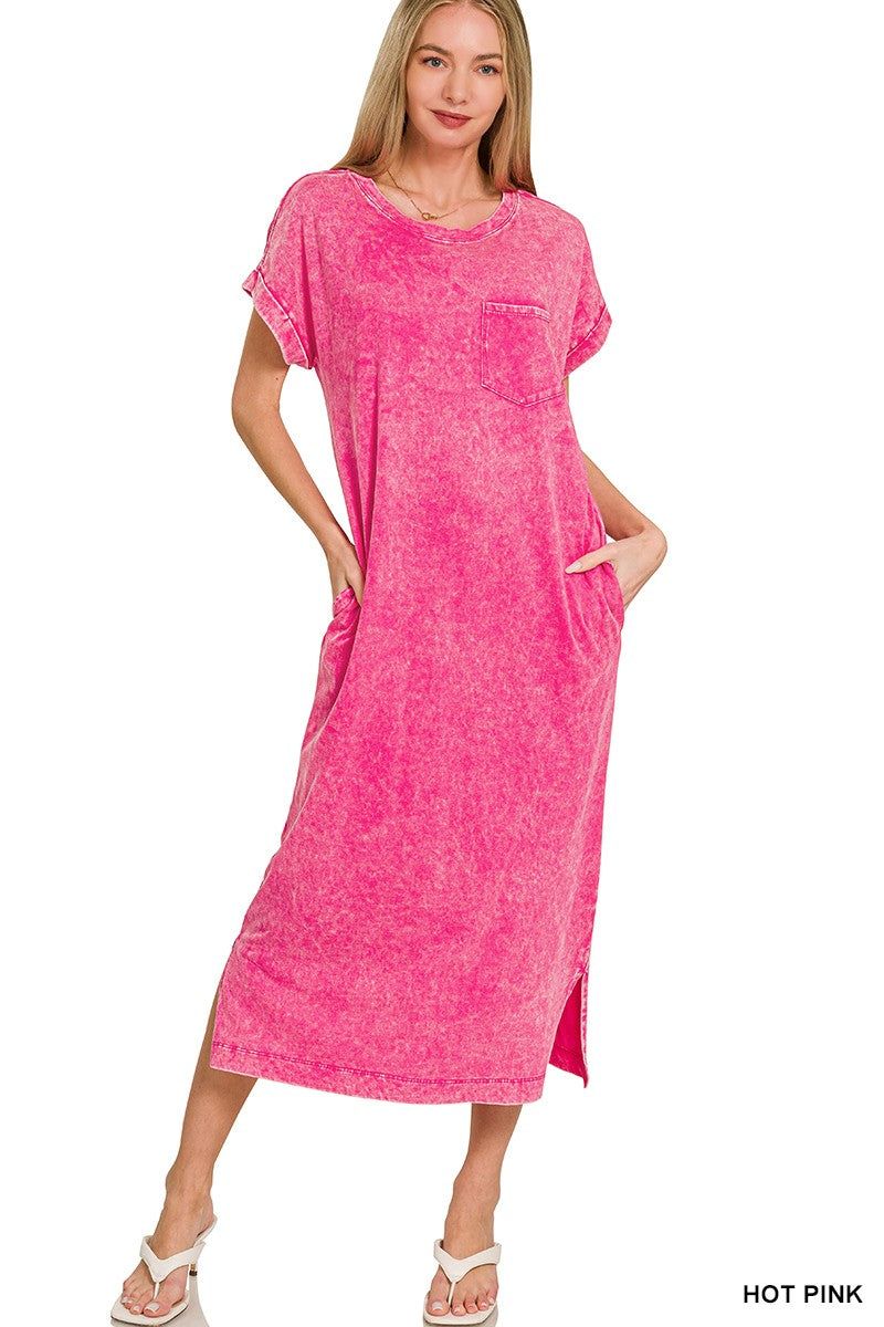 Hot Pink Zenana Washed Exposed Seam Short Sleeve T Shirt Dress 2