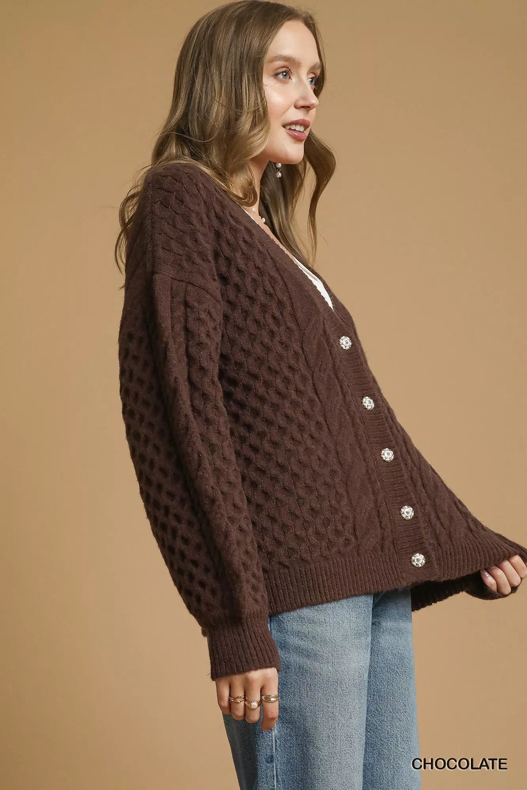 Chocolate Umgee Cable Knit Pearl Button Cardigan 2
