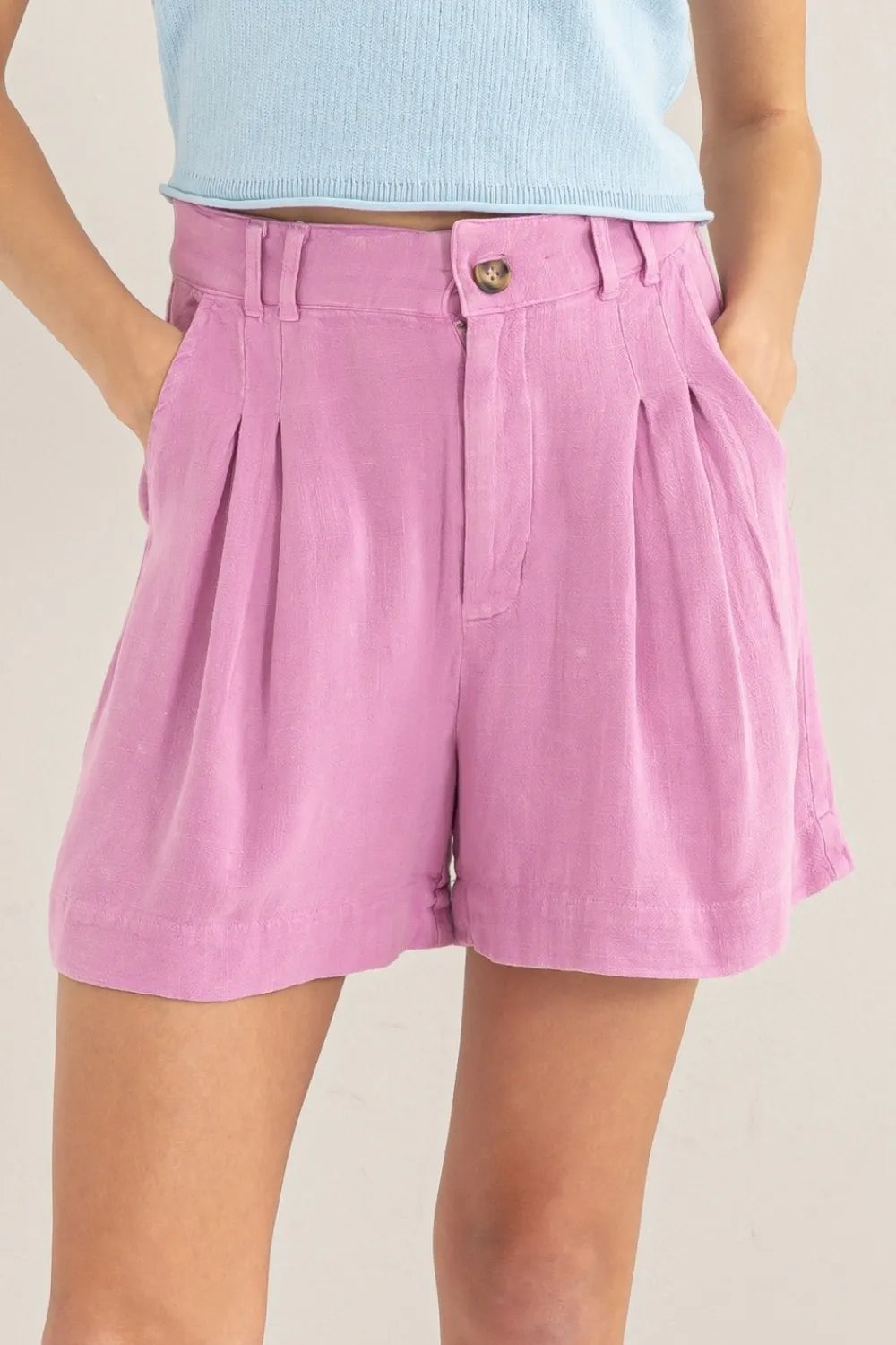 Pink Hyfve High Waist Pleated Linen Shorts 1