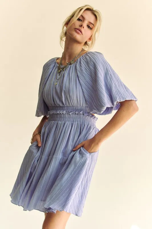 Lavender Davi Dani Back Button Puff Sleeve Mini Dress