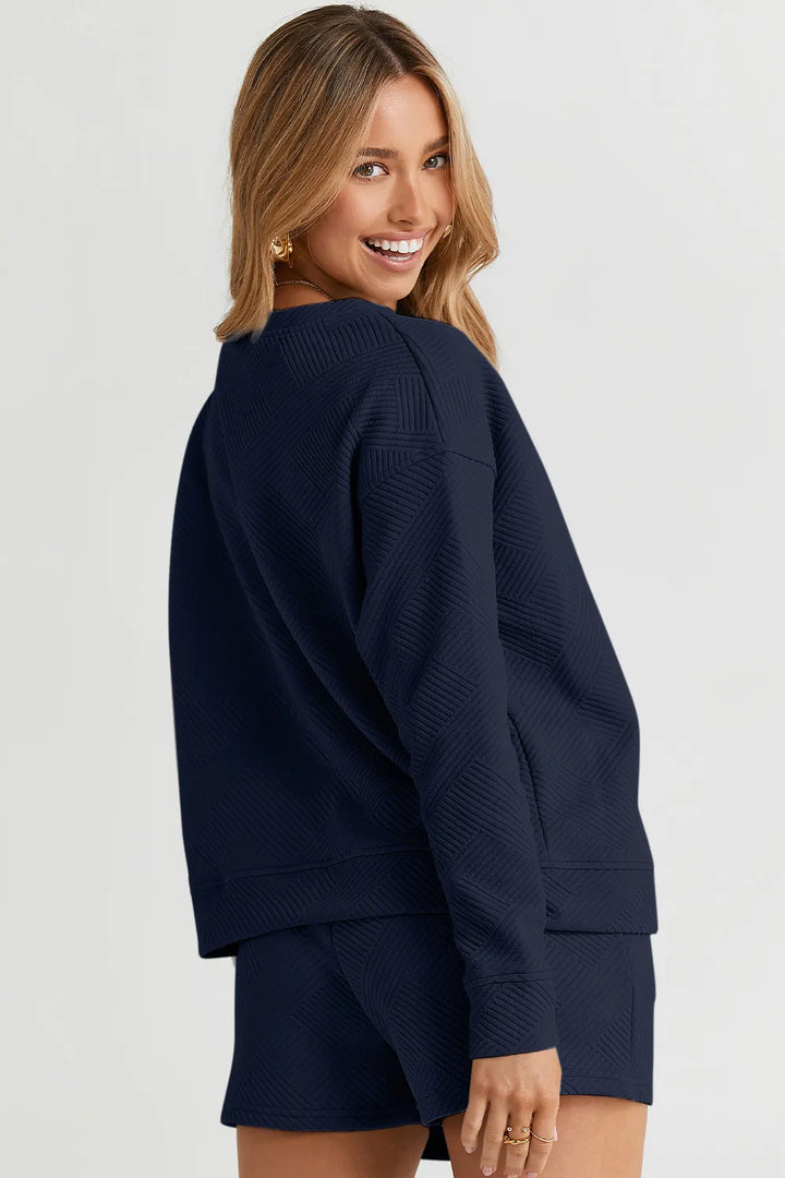Navy Double Take Full Size Texture Long Sleeve Top And Drawstring Shorts Set