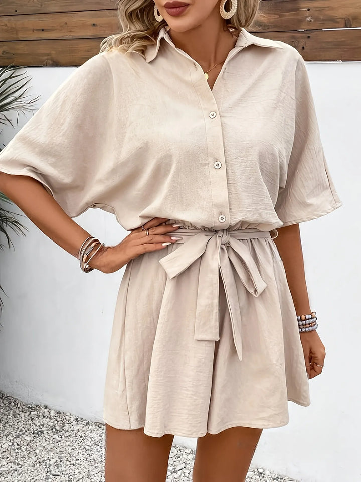 Khaki Button Front Tie Waist Romper