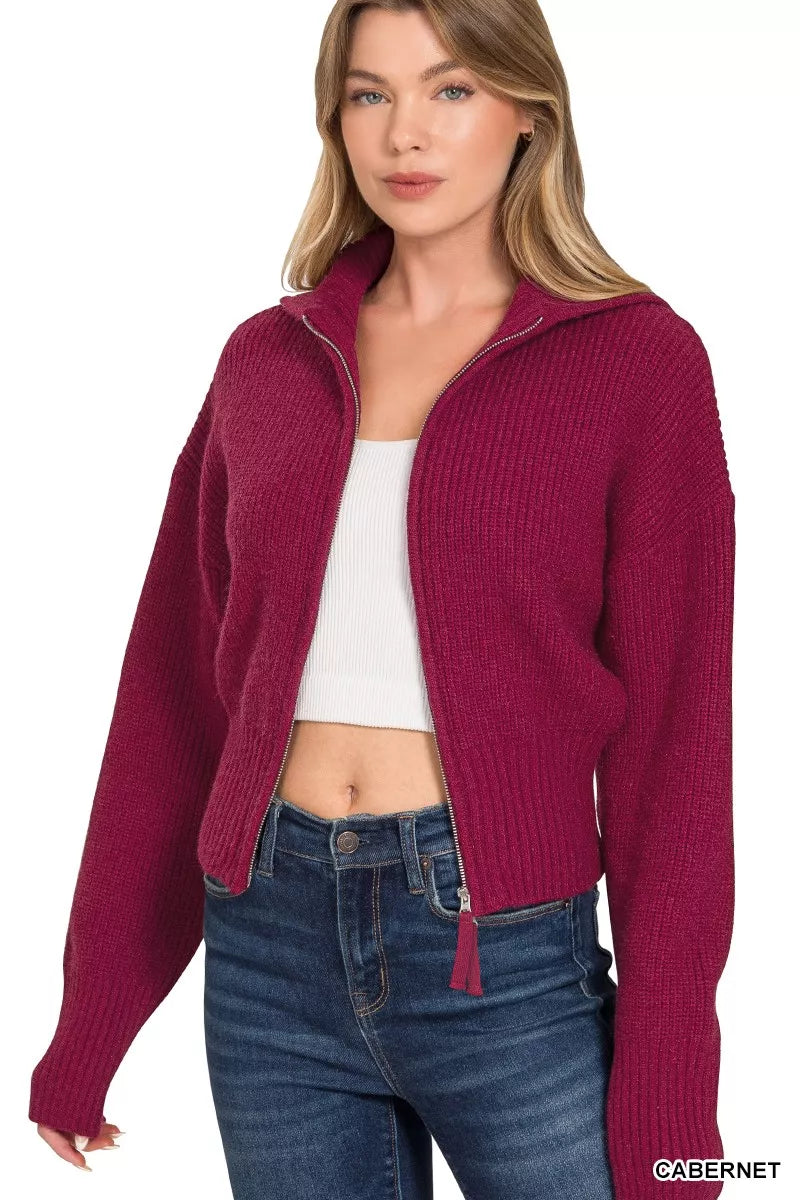 Cabernet Zenana Ribbed Collared Zip Up Sweater Cardigan 6