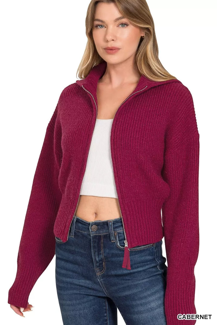 Cabernet Zenana Ribbed Collared Zip Up Sweater Cardigan 6
