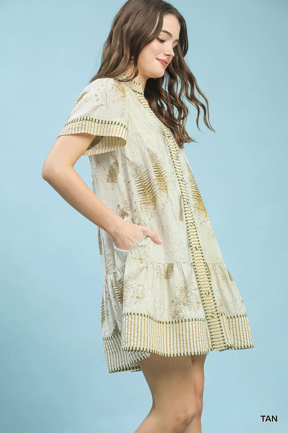 Tan Umgee Linen Printed Button Front Tiered Mini Dress