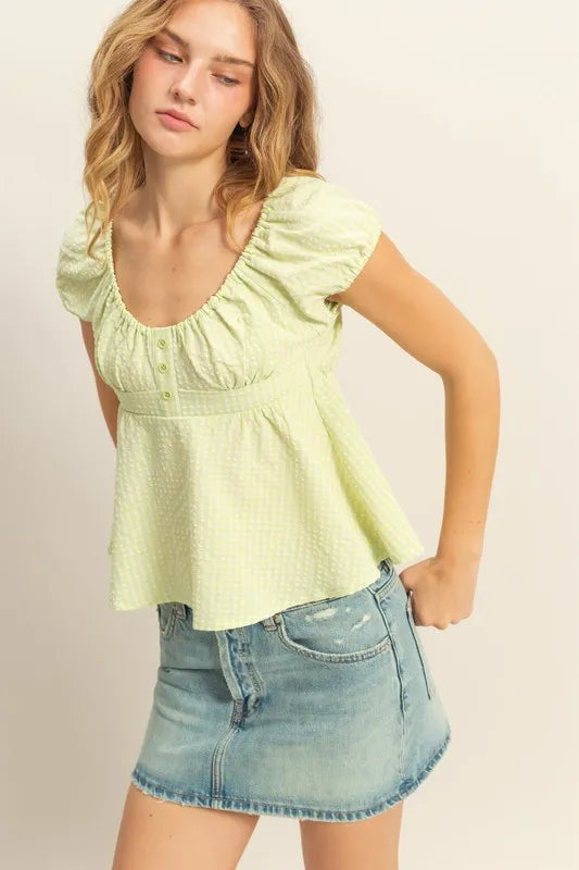 Lime Green Hyfve Gingham Scoop Neck Cap Sleeve Blouse 3