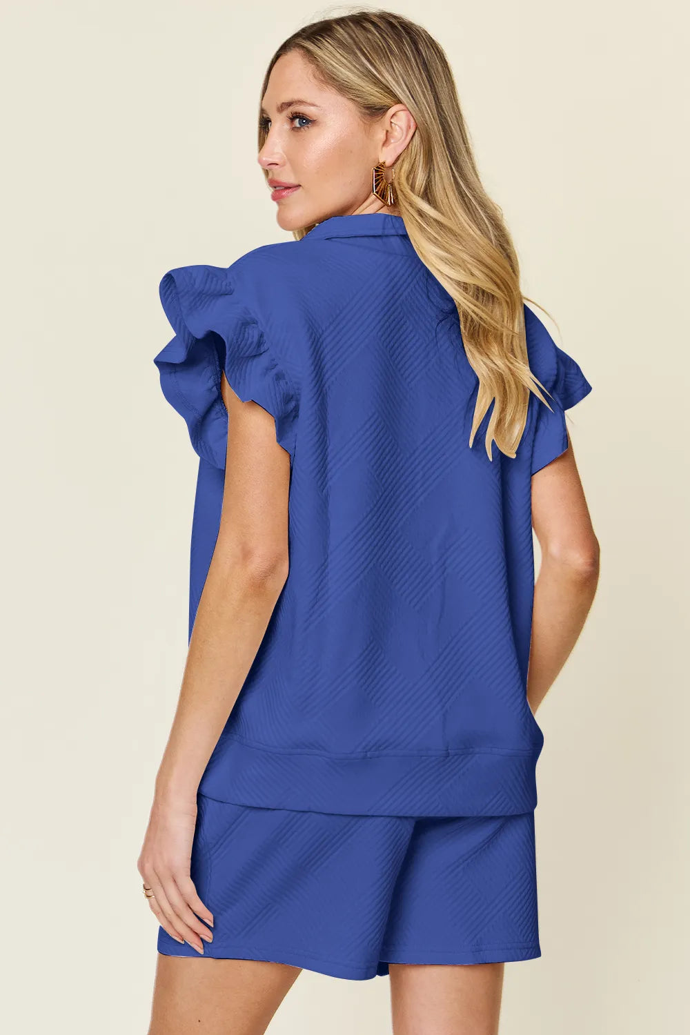 Mid Green Double Take Full Size Texture Flounce Sleeve Top And Drawstring Shorts Set
