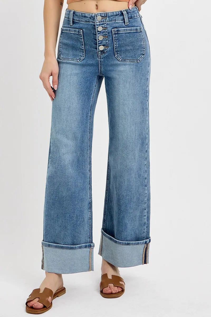 Medium Risen High Rise Ankle Wide Button Patch Pocket Cuffed Jeans