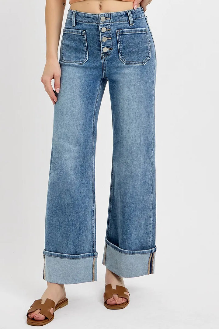 Medium Risen High Rise Ankle Wide Button Patch Pocket Cuffed Jeans