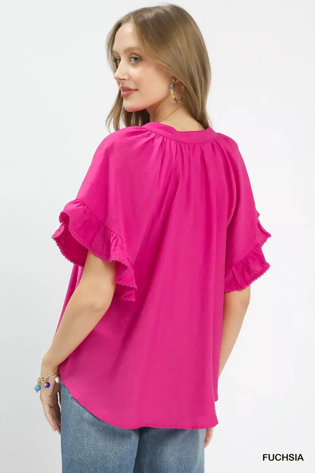 Fuchsia Umgee Ruffle Sleeve V Neck Flutter Blouse