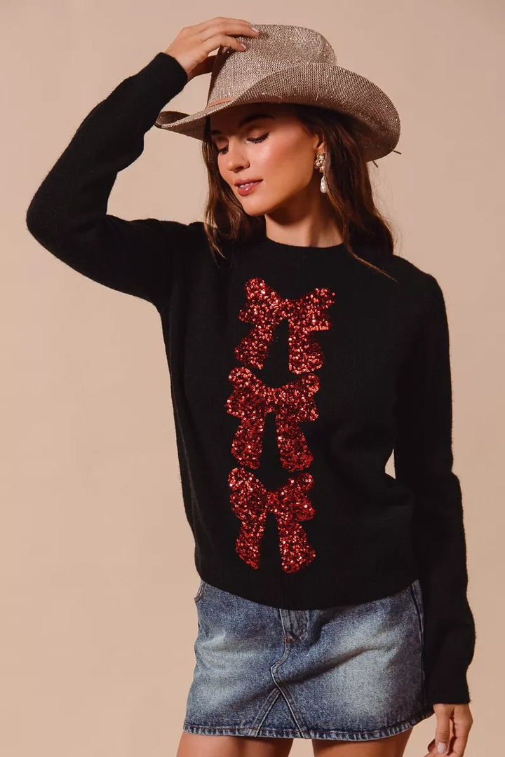 Black/Red So Me Sequins Bow Ribbon Embellished Christmas Sweater 1