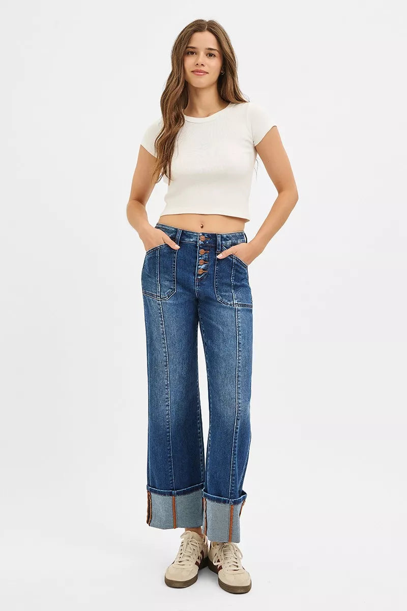 Dark Risen Full Size High Rise Crop Wide Straight Cuffed Jeans Plus Size