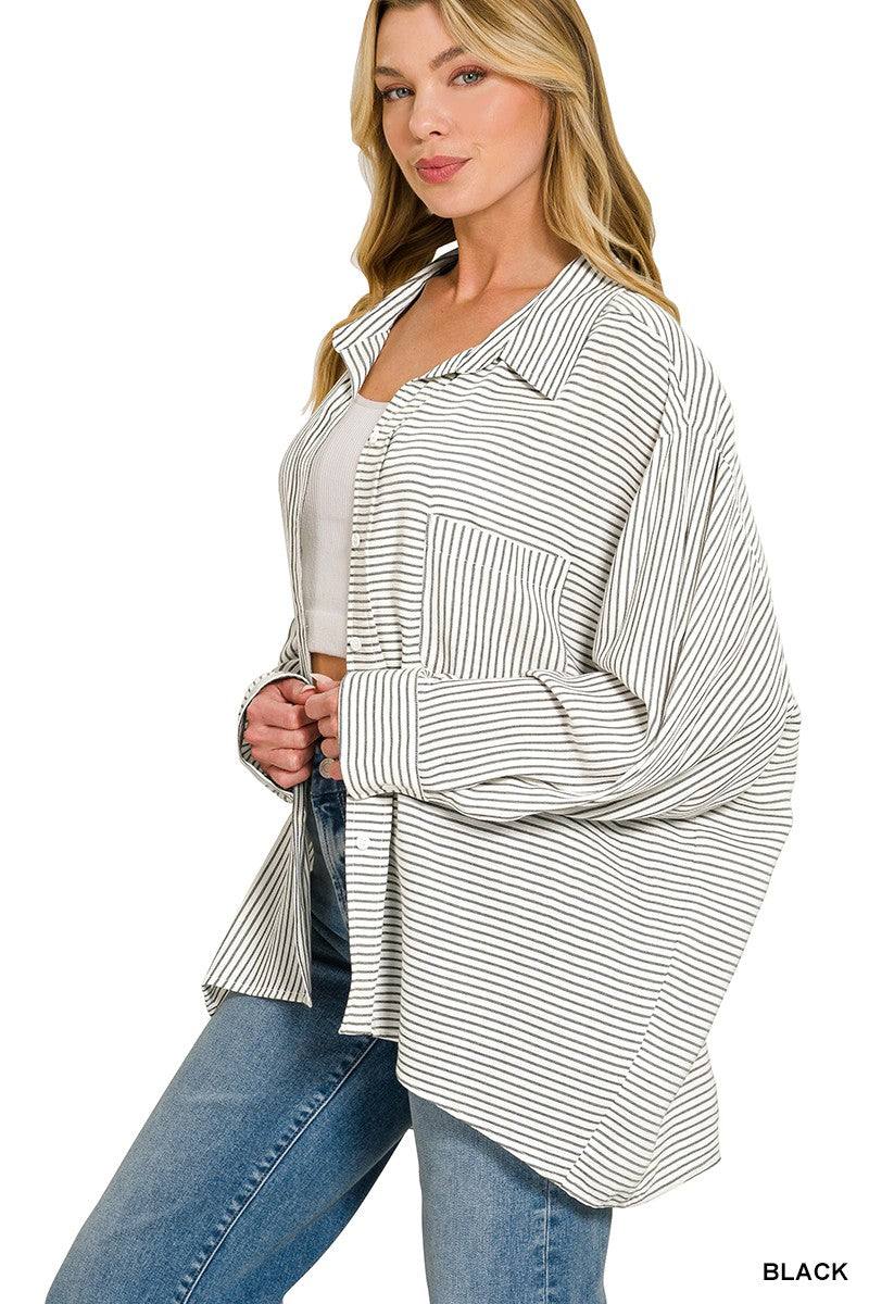 Zenana Woven Stripe Button Down Shirt 1