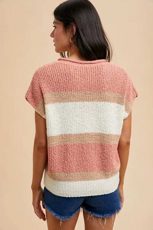 Peach/Ivory Annie Wear Low Gauge Color Block Textured Sweater Top
