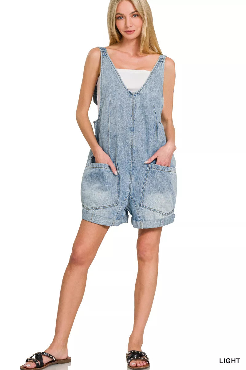 Zenana Denim Short Overalls With Pockets