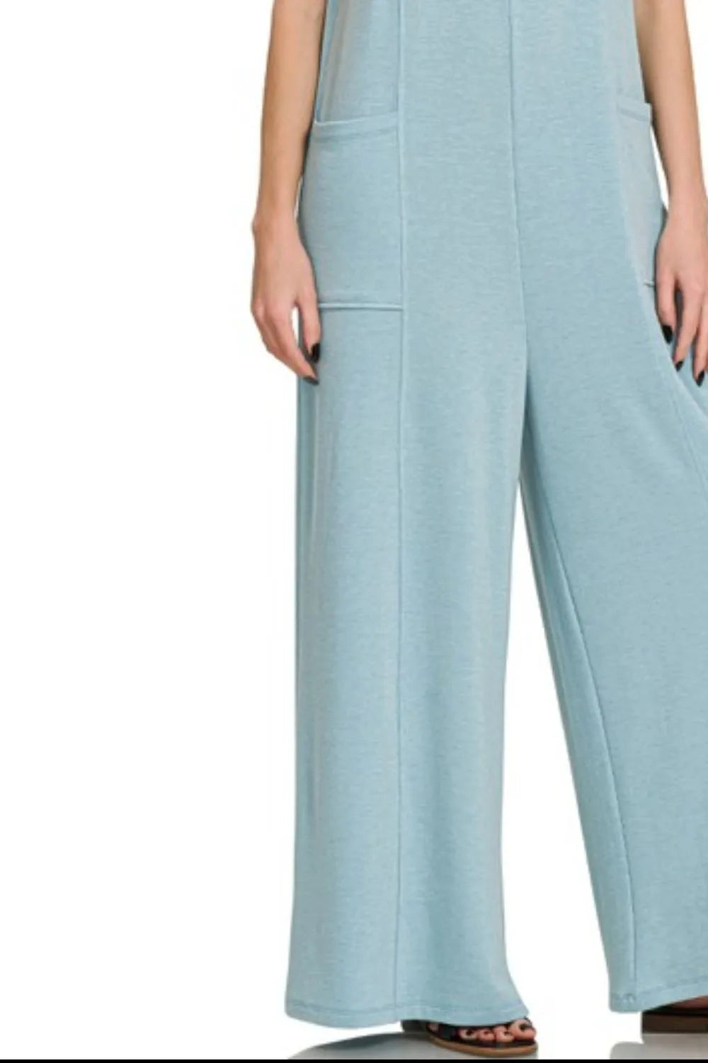 Dusty Teal Zenana French Terry Deep V Neck Jumpsuits