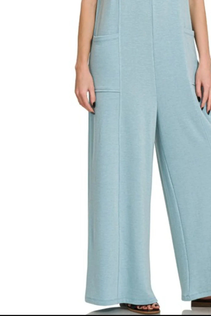 Dusty Teal Zenana French Terry Deep V Neck Jumpsuits