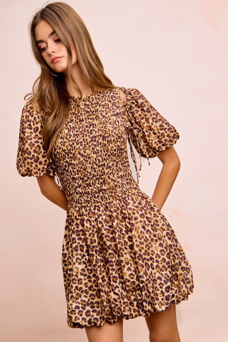 Leopard Bibi Leopard Bow Tie Attachable Puff Sleeves Dress