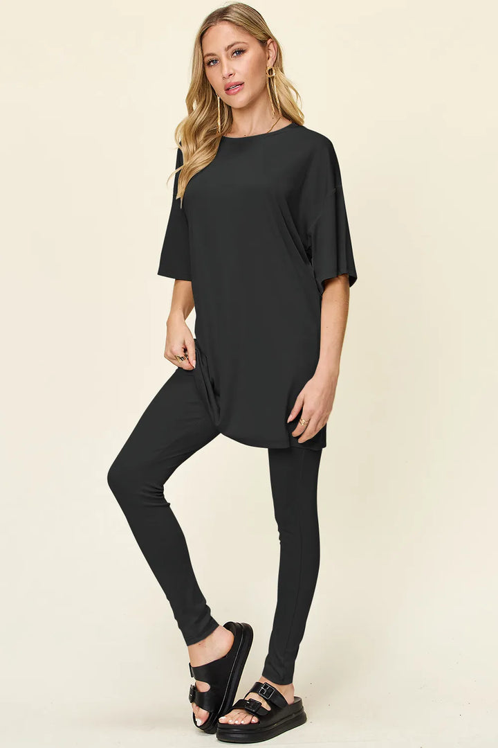 Black Double Take Full Size Round Neck Dropped Shoulder T Shirt And Leggings Set