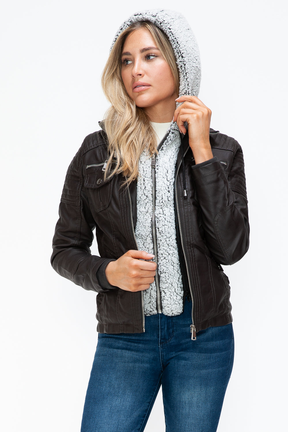 Ymi Removable Faux Layered Multi Pocket Jacket With Fuzzy Hood 3
