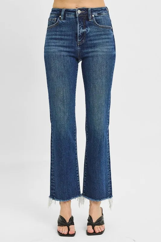 Dark Risen Tummy Control High Rise Crop Straight Raw Cut Hem Jeans
