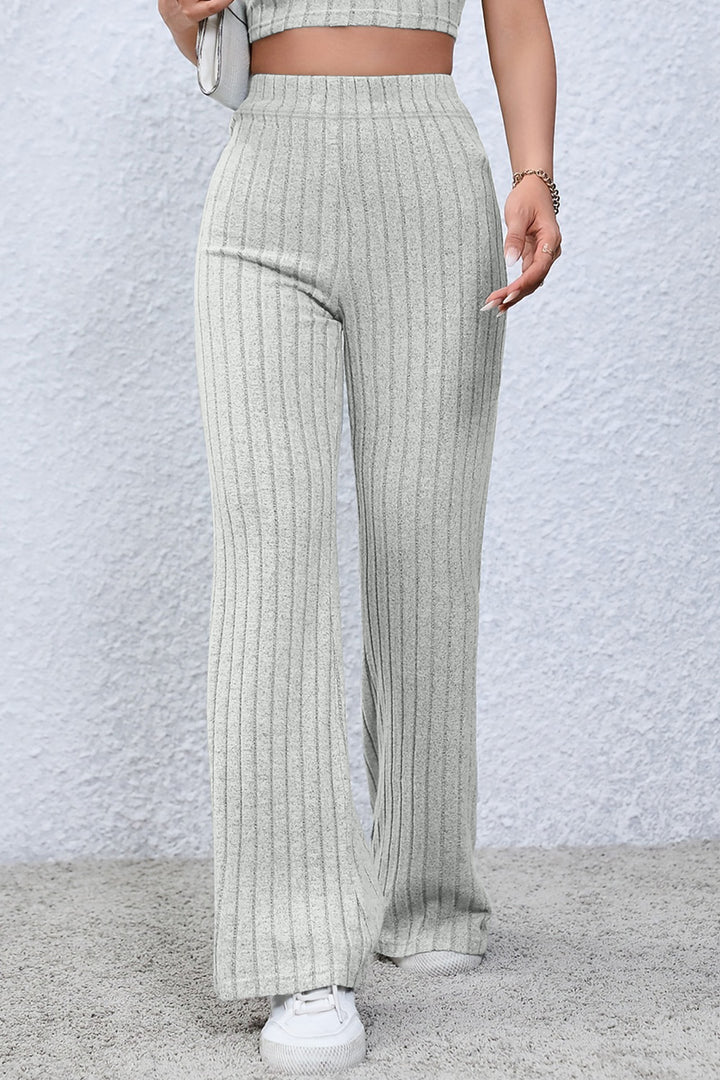 Light Gray Basic Bae Full Size Ribbed High Waist Flare Pants
