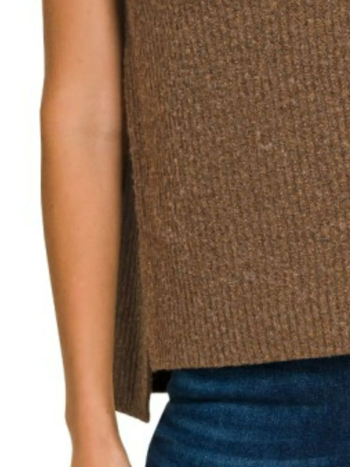 Brown Zenana Oversized Sweater Vest With Side Slit 2