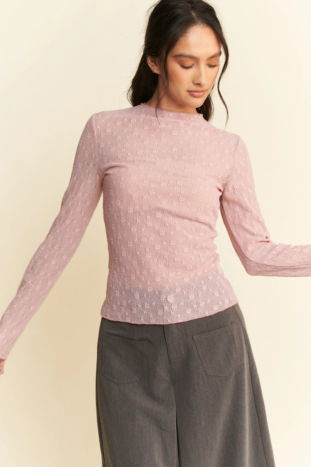 Dusty Pink Davi Dani Long Sleeve Sheer Small Embroidered Bows Lace Top