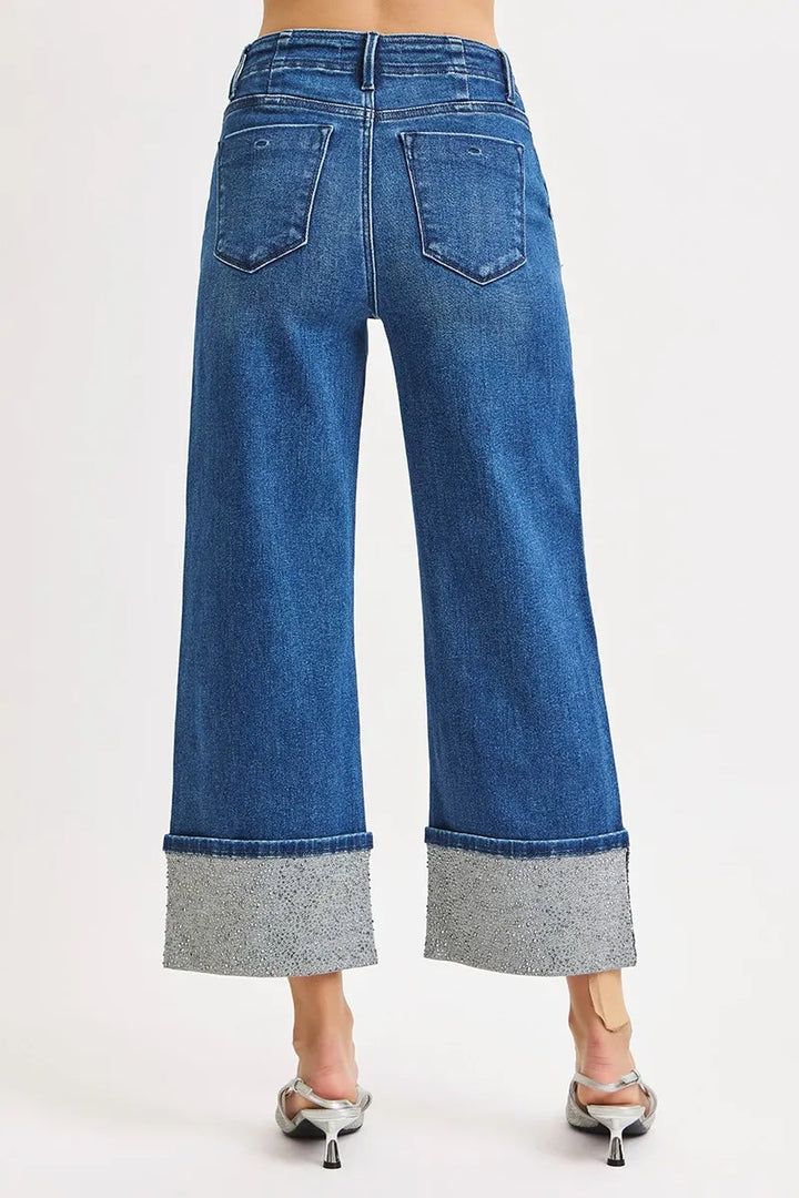 Dark Risen High Rise Ankle Wide Rhine Stone Cuffed Jeans